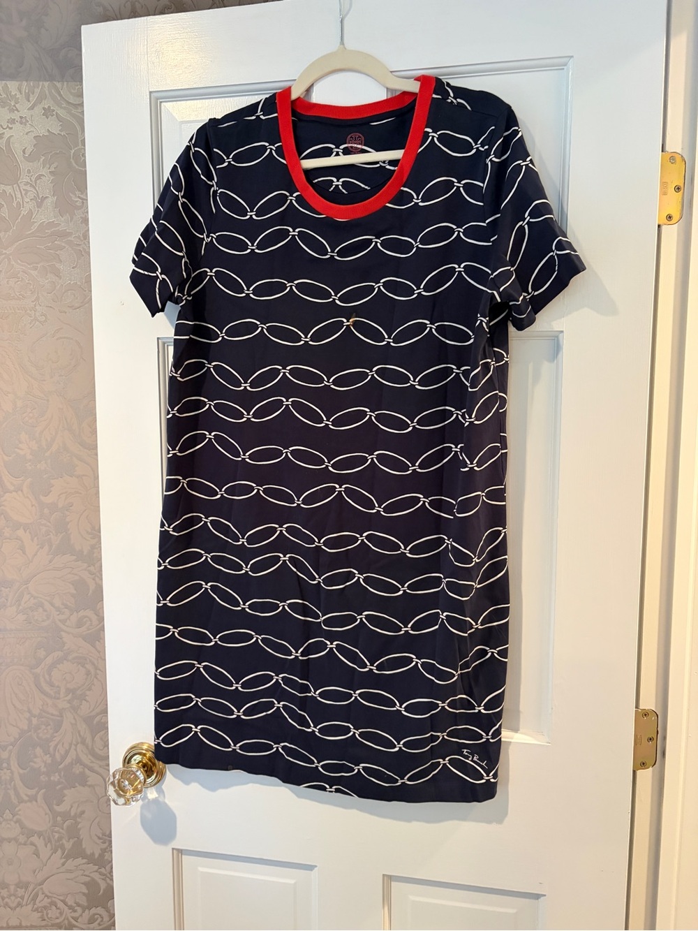 Navy nautical -Print Tee Dress with Red Trim Tory Burch Xl